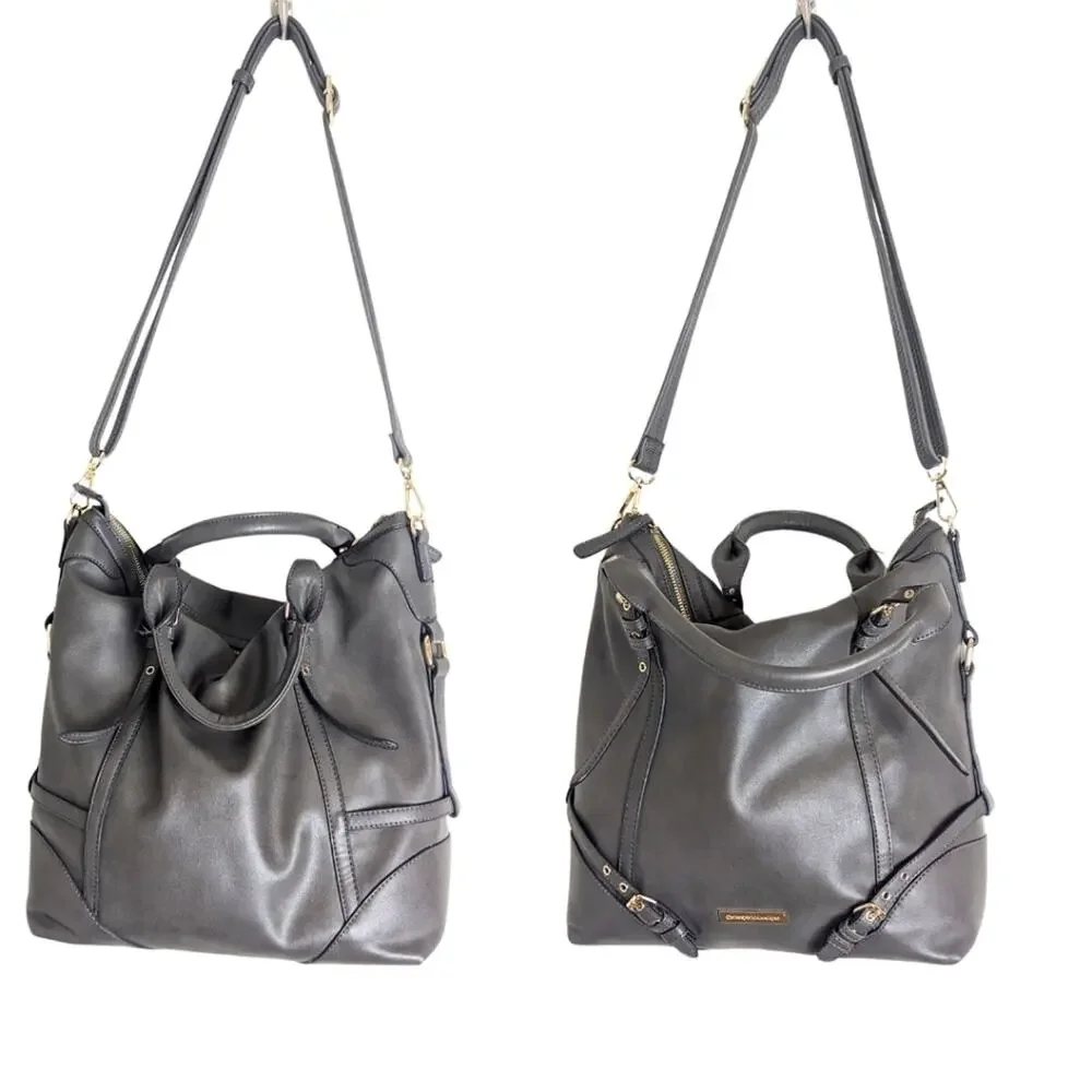 Vegan Leather Shoulder Hobo Bag Tote Charcoal Grey Animal Print Interior